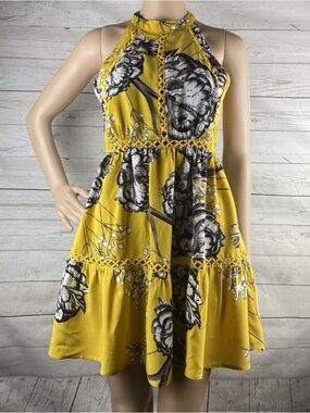 Jaase Yellow Floral Backless Halter Mini Dress